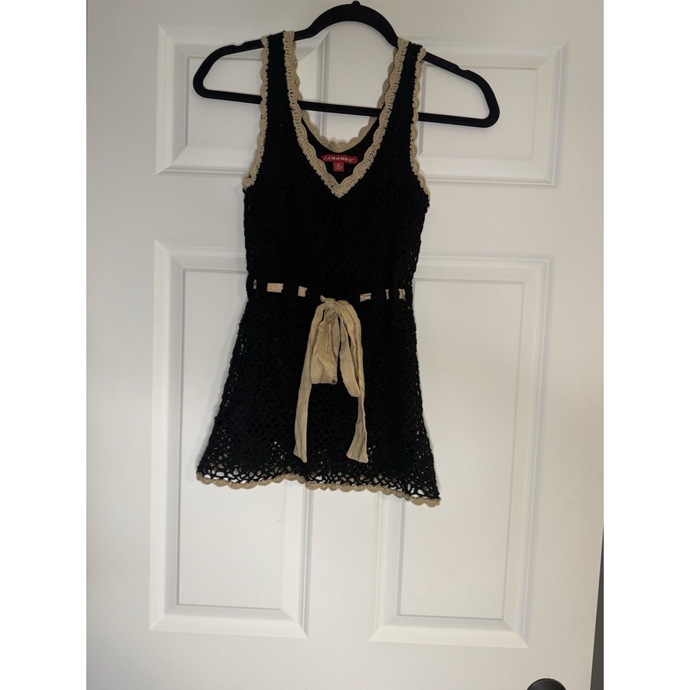Jj Basics Y2K Crochet Knit Tank Top Black Tan Trim Small
